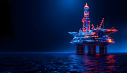 Futuristic Offshore Oil Rig Platform at Night Illuminated by Neon Lights