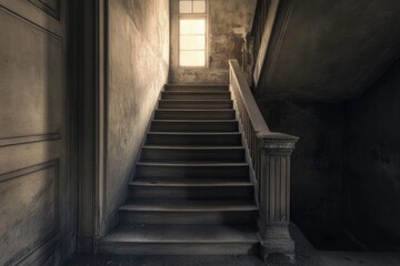 A staircase leads up to an open door with a hint of light from inside