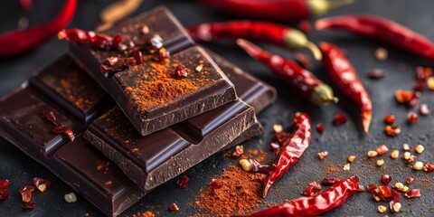 Dried red chili peppers atop chocolate bars, enhanced with cayenne powder, create a unique flavor combination. This image of dried red chili peppers showcases their vibrant color and texture.