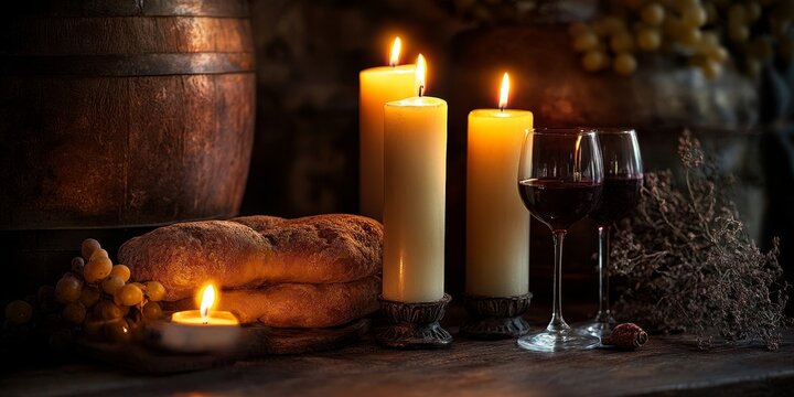 Three candles and a prosphora along with wine are beautifully arranged for communion, symbolizing the sacred essence of communion in a serene setting. Perfect for capturing the spirit of communion.