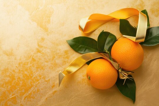 Minimalist Chinese New Year Concept with Oranges and Gold Ribbon Design for Cards and Posters