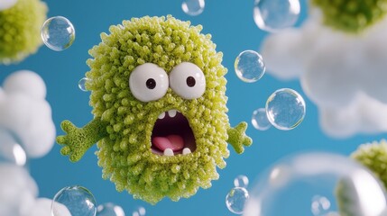 Cute Green Microbe Character with Bubbles in a Colorful Background