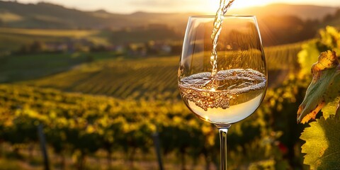 Wine glass showcasing white wine being poured against a backdrop of a sunlit vineyard landscape. This image captures the essence of winemaking, making it perfect for wine enthusiasts.