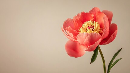Fototapeta premium A single rich coral peony against a muted taupe background, close-up shot, Minimalist style