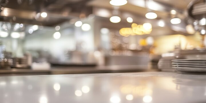 Blurred background of an empty restaurant kitchen highlighting the details of the kitchen setting, emphasizing the quiet ambiance in this empty restaurant kitchen scene.