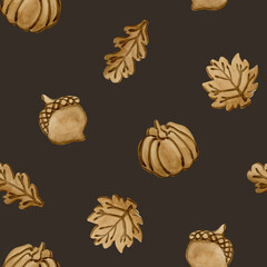 Gingerbread cookies. Autumn leaves, pumpkin and acorn. Leafy crust. Watercolor food seamless pattern on dark background