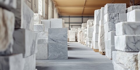 Photographic depiction of a deposit featuring white marble blocks prepared for shipment, showcasing the pristine quality and unique textures of the white marble blocks in the collection.