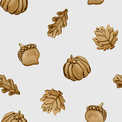 Gingerbread cookie. Autumn leaves, pumpkin, acorn. Leaf crust. Watercolor food seamless pattern on light blue background