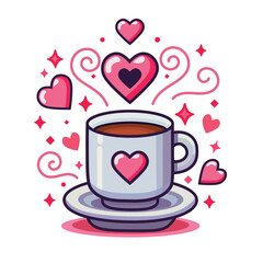 A coffee cup of love for Valentine with adorable hearts and lovely stream. Vector illustration.