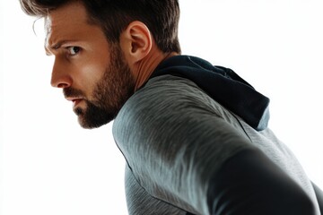 A close-up view of a bearded man's face