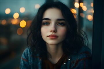 Beautiful Young Woman Portrait  Night Lights  Bokeh
