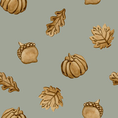 Gingerbread cookies. Autumn leaves, pumpkin and acorn crust. Watercolor food seamless pattern on sage green background