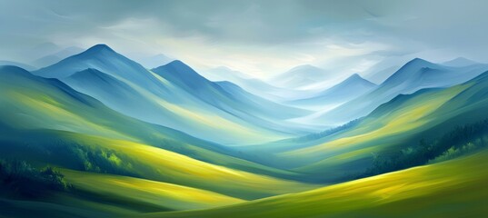 Obraz premium Magical Spring Landscape, Rolling Green Hills and Soft Blue Sky With Circular Bokeh Light