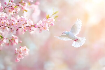 Peaceful White Doves Flying Among Blossoming Flowers on a Soft Pastel Background