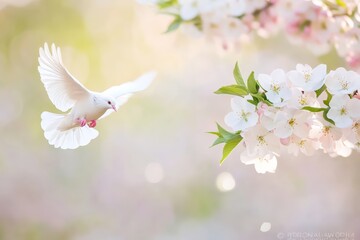 Peaceful White Doves Flying Among Blossoming Flowers on a Soft Pastel Background