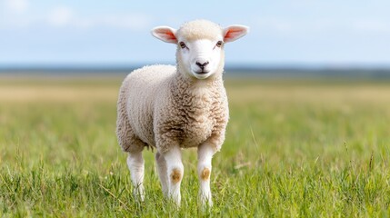 Fototapeta premium Cute lamb standing in a green pasture.