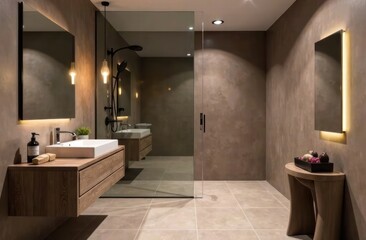 interior design inspiration, modern living space, home renovation project. minimalist bathroom with mocha mousse-toned walls, sleek glass-walled shower and elegant wooden vanity.