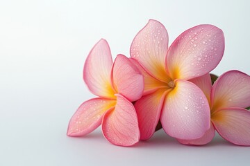 Fototapeta premium Beautiful pink frangipani flowers on a bright white background