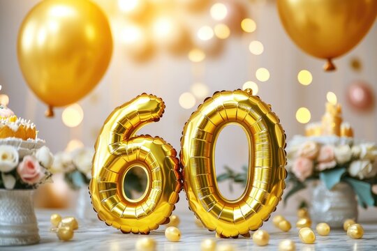 A cluster of shiny gold balloons forming the number 60 - Powered by Adobe