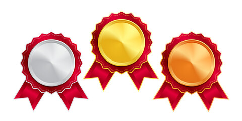 Shiny gold, silver, and bronze award medals with colorful ribbons. Medal of winners and achievements