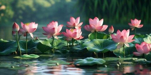 Lotus flowers blooming vibrantly on a serene pond during the summer, showcasing the natural beauty of lotus flowers and their captivating presence in a tranquil environment.