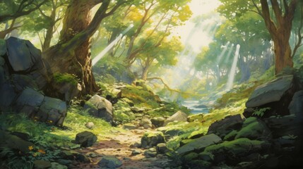 Sunlit Forest Path, Rocks and Stream Scene