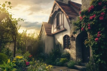 A classic home surrounded by lush greenery and colorful flowers