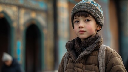 Young Boy in Winter Clothing Near Ancient Building