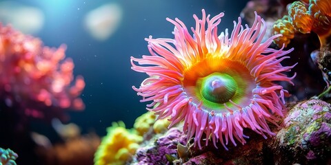 Obraz premium Vibrant anemone displayed in a marine aquarium setting creates a stunning visual. The colorful anemone adds beauty to the marine aquarium, showcasing the diversity of underwater life.