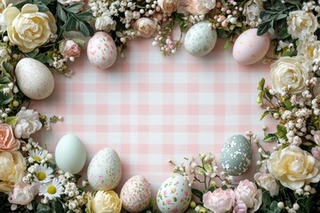 Obraz premium Easter Eggs and Spring Flowers on Light Pastel Textured Background
