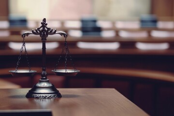 Courtroom scene with justice scales on a table