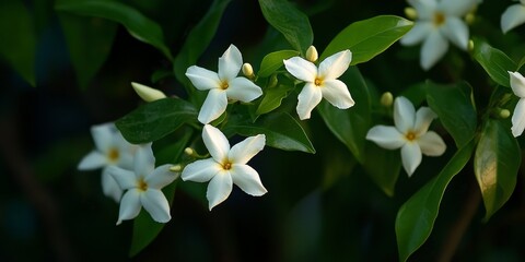 A stunning jasmine plant in full bloom at night, showcasing the enchanting beauty of night flowering jasmine. The mesmerizing fragrance of jasmine fills the air, creating a tranquil atmosphere.