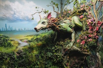 Obraz premium A fantasy creature is seen amidst trees and foliage in a dense forest