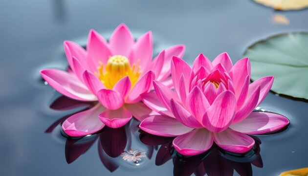 two pink water lilies floating in a pond with green leaves