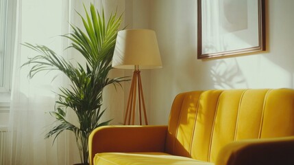 Modern Living Room Interior with Bright Yellow Sofa and Plant