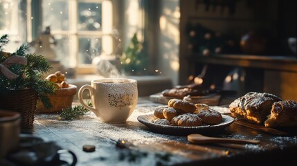 Cozy morning scene with warm coffee and fresh baked cookies on a rustic wooden table. Natural light brings warmth and charm.