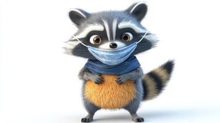 Obraz premium A cartoon raccoon wearing a face mask, promoting health awareness and safety.