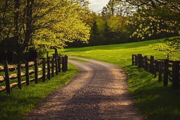 Rural landscape with winding dirt path and lush vegetation