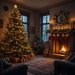 Fototapeta premium Cozy Christmas Living Room with Decorated Tree and Fireplace