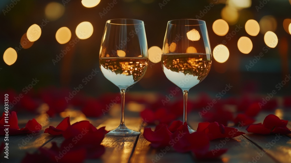 Aufkleber two elegant wine glasses sit on a wooden table adorned with scattered rose petals, illuminated by so
