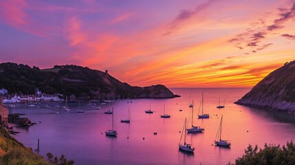 Fototapeta premium Stunning sunset over a calm bay with boats sailing in the purple-hued waters and hills in the background.