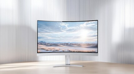 Fototapeta premium Modern curved computer monitor displaying a desert landscape sits on a wooden desk against a white paneled wall.