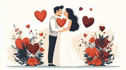 Valentine in lover relevance concept. Couple embracing in a romantic, floral setting with hearts.