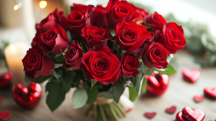 Obraz premium Close-up of a vibrant bouquet of red roses elegantly arranged in a romantic setting, with soft candlelight and heart shaped decorations. Concept of love, romance, and Valentine's Day.