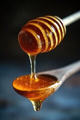 A close-up of a spoon with honey dripping from it, perfect for food or nature-related uses