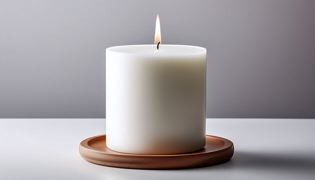 White Candle: A plain, unscented white pillar candle with a smooth finish, centered on a white background, radiating simplicity and calm