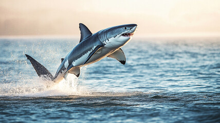 Fototapeta premium Great white shark jumping out of water, showcasing its power and grace