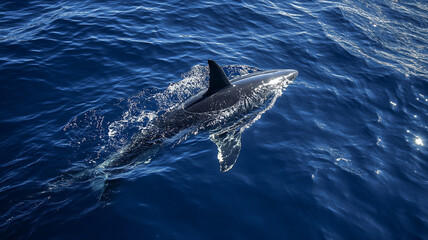 Fototapeta premium Great white shark swimming in deep blue ocean waters, showcasing its power