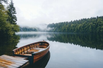 Obraz premium A wooden boat sits peacefully on the surface of a serene lake