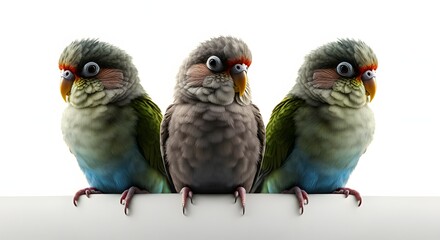 A hyper-realistic, 4K image of three colorful birds perched in a row. The birds have vibrant plumage with different colors, and the background is a solid pure white color, making the colors of the bir